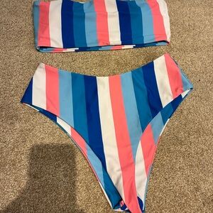 SHEIN Blue, Pink & White Striped Bandeau Bikini Set